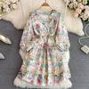 Women Print Embroidery Flower Hollow Out Chic Boho Beach Dress V-neck Puff Sleeve Mini Short Holiday Seaside Dresses