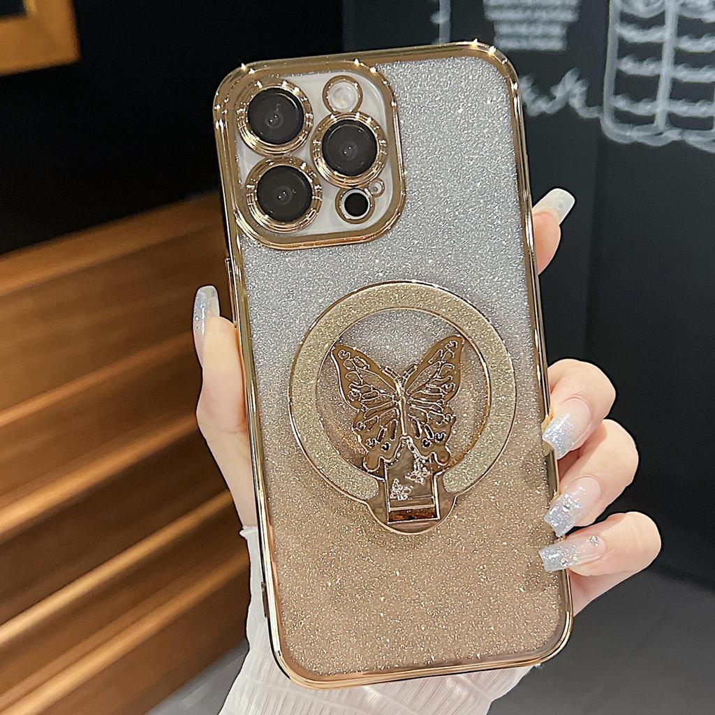 Для Apple 16 Чехол для телефона с кронштейном-бабочкой для IPhone 15 Promax Зеркальный с гальваническим покрытием Градиентный Блестящая пудра 14 Жесткий чехол