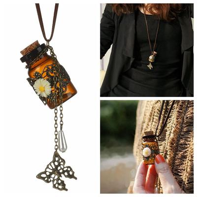 Шарм Длинный Кожаный Шнурок Ожерелье Бутылочка для Желаний Резной Цветок Стеклянная Колба Подвеска Свитерная Цепочка
