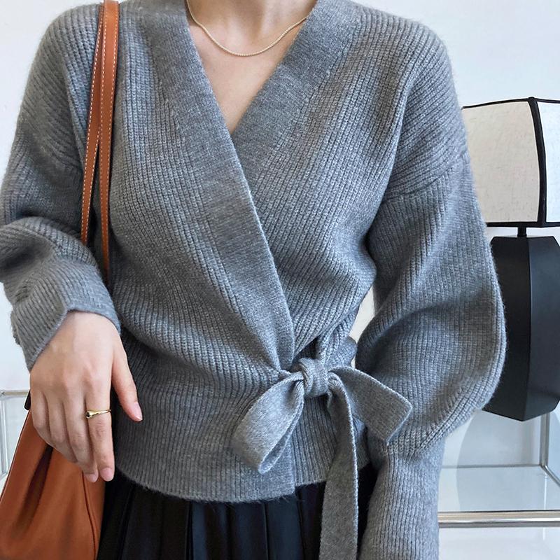Усовершенствованный свитер, трикотаж, женский вязаный кардиган, осень-зима, галстук с v-образным вырезом, милые короткие вязаные топы с длинными рукавами