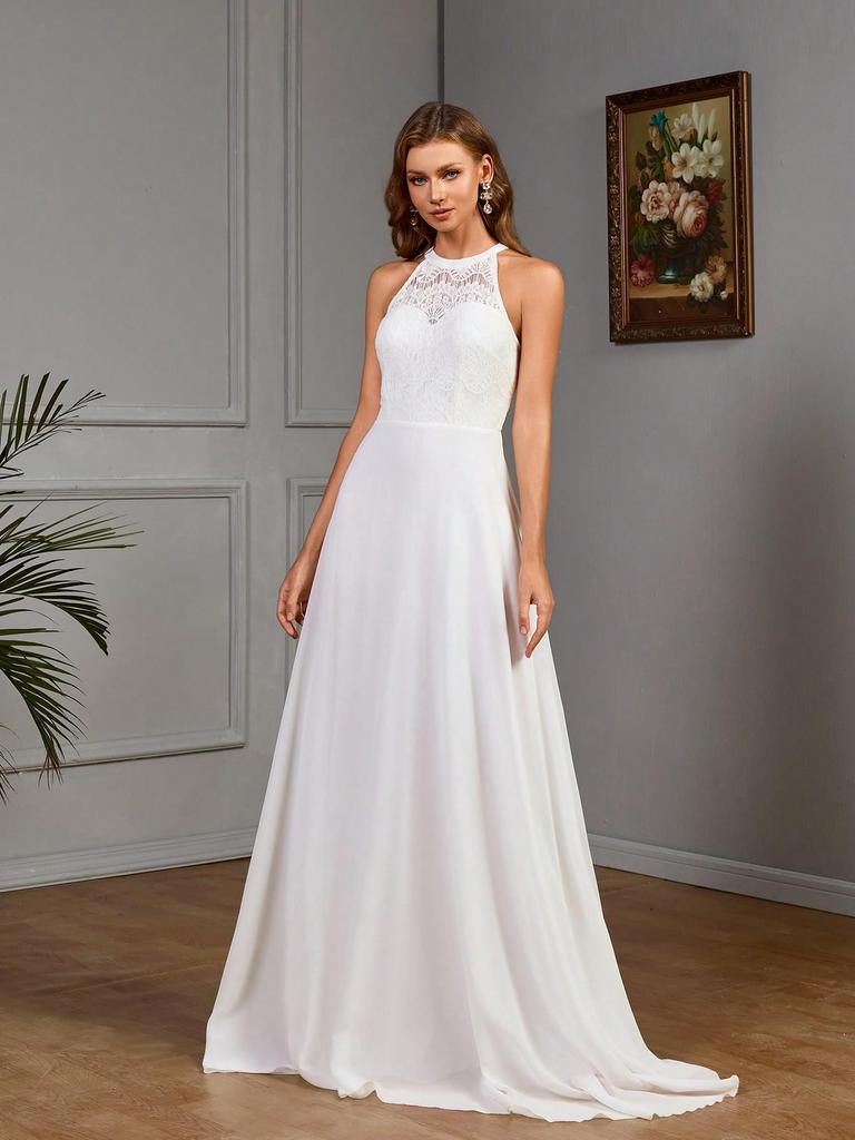 European & American Halter Embroidered Slit Fishtail Evening Dress