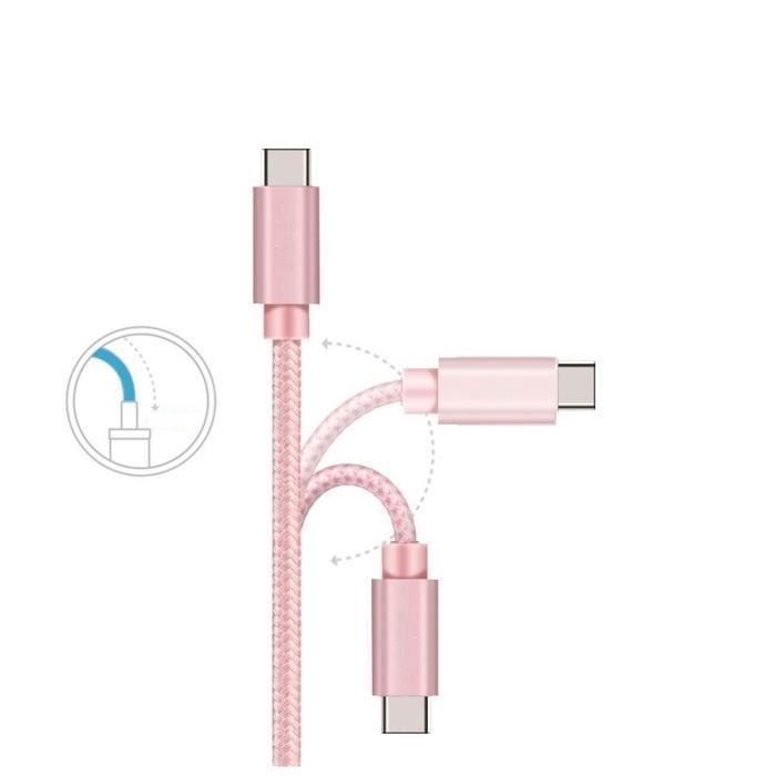 Câble USB-C - Phonillico - Compatible Huawei MediaPad M5 Lite - 1 Mètre - Nylon Tressé - Rose