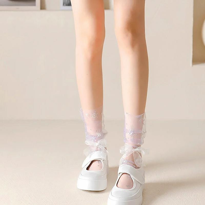 1 пара модных летних прозрачных носков средней длины из тюля с принтом снежинок и бантом Kawaii