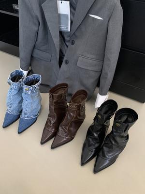 Модные женские джинсовые сапоги до середины голени Модные остроносые черные синие туфли на пуговицах Тонкие средние каблуки Сексуальные женские сапоги-челси Размер 35-39 Туфли-лодочки