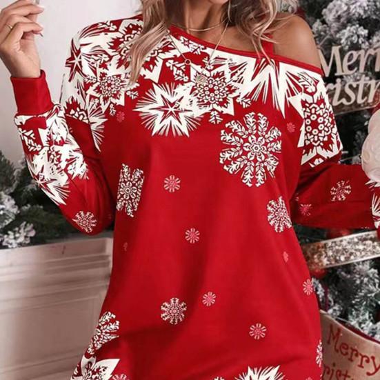 Женское осенне-зимнее платье с вырезом на одно плечо, свободное мини-платье с принтом снежинки, подходящее по цвету рождественскому стилю, с длинным рукавом длиной выше колена