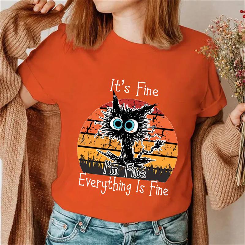 It's Fine, I'm Fine, все прекрасно, женские модные футболки с принтом, футболки с забавным принтом кота, женские футболки, женские футболки