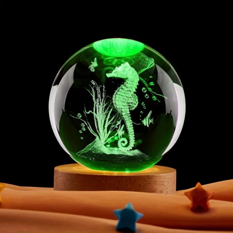 3D Морской конек хрустальный шар с деревянной основой Лазерная гравировка Статуэтка морского конька Ночной светильник для спальни Декоративный светильник подарок