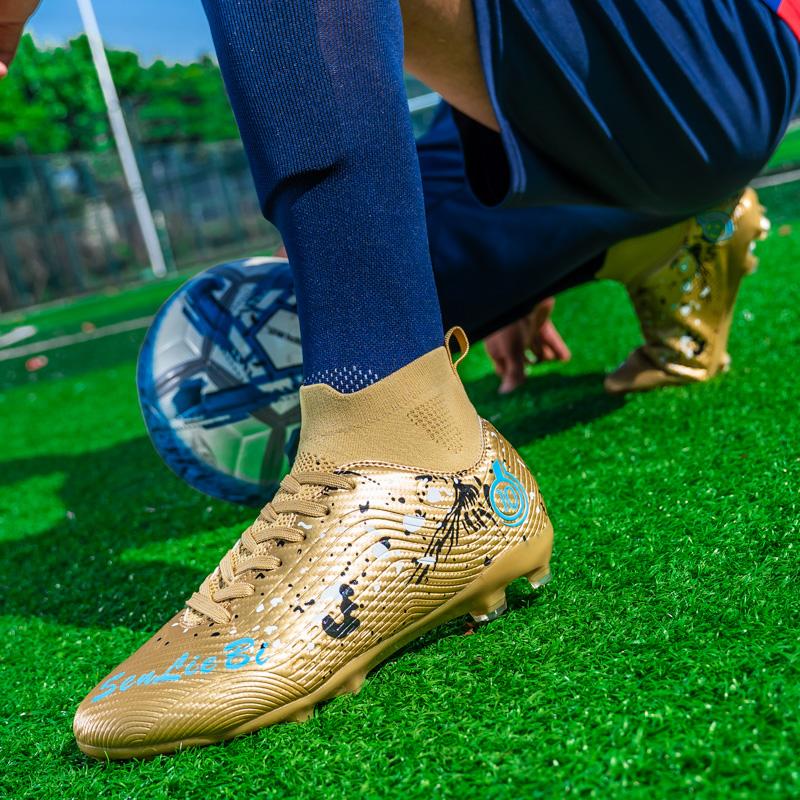 33-46 Men's High-top Football Boots Large Size Long Nails Leather Boys Soccer Shoes Nailing Anti -slip Football Boots