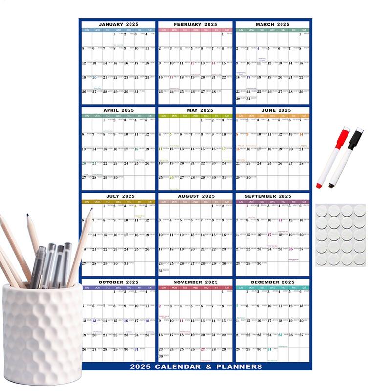 Календарь 2025 года с сухим стиранием, стираемый календарь-планировщик на 2025 год, настенный календарь на 12 месяцев, с влажным сухим стиранием, для планирования расписаний для комнаты
