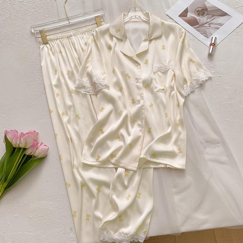 Ice Silk Pajamas Women'S Short-Sleeved Trousers Summer Silk Cute Kitten Jacquard Student Loungewear Set