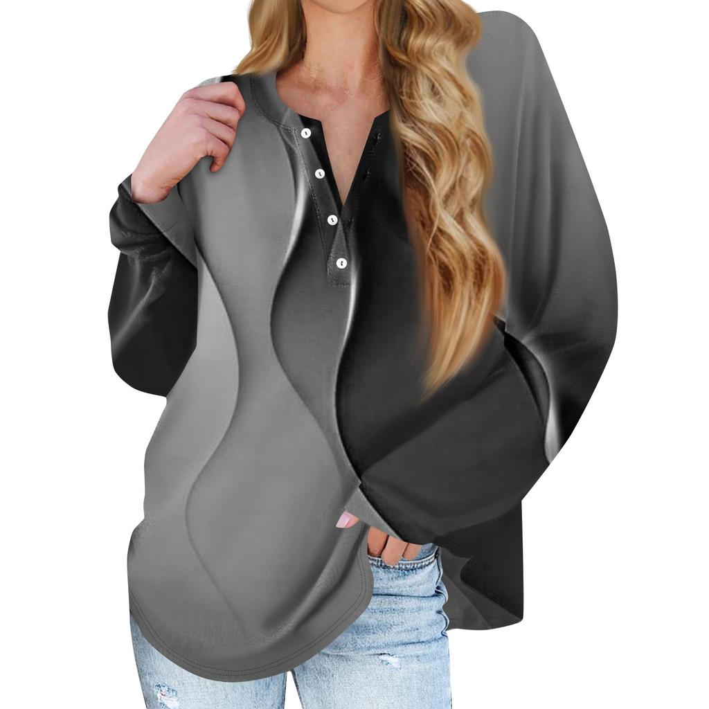 Women's New Button Collar Fashion Printed Long Sleeves T-Shirt Slim Top Casual Tops