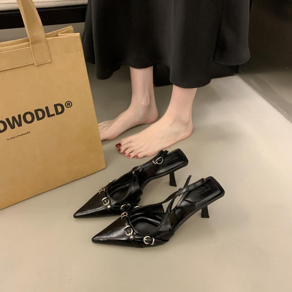 Босоножки на высоком каблуке Baotou с неглубоким ртом, весна 2025, новый задний носок, пустой тонкий каблук, темперамент, знаменитости, заостренные одинарные туфли, женская обувь