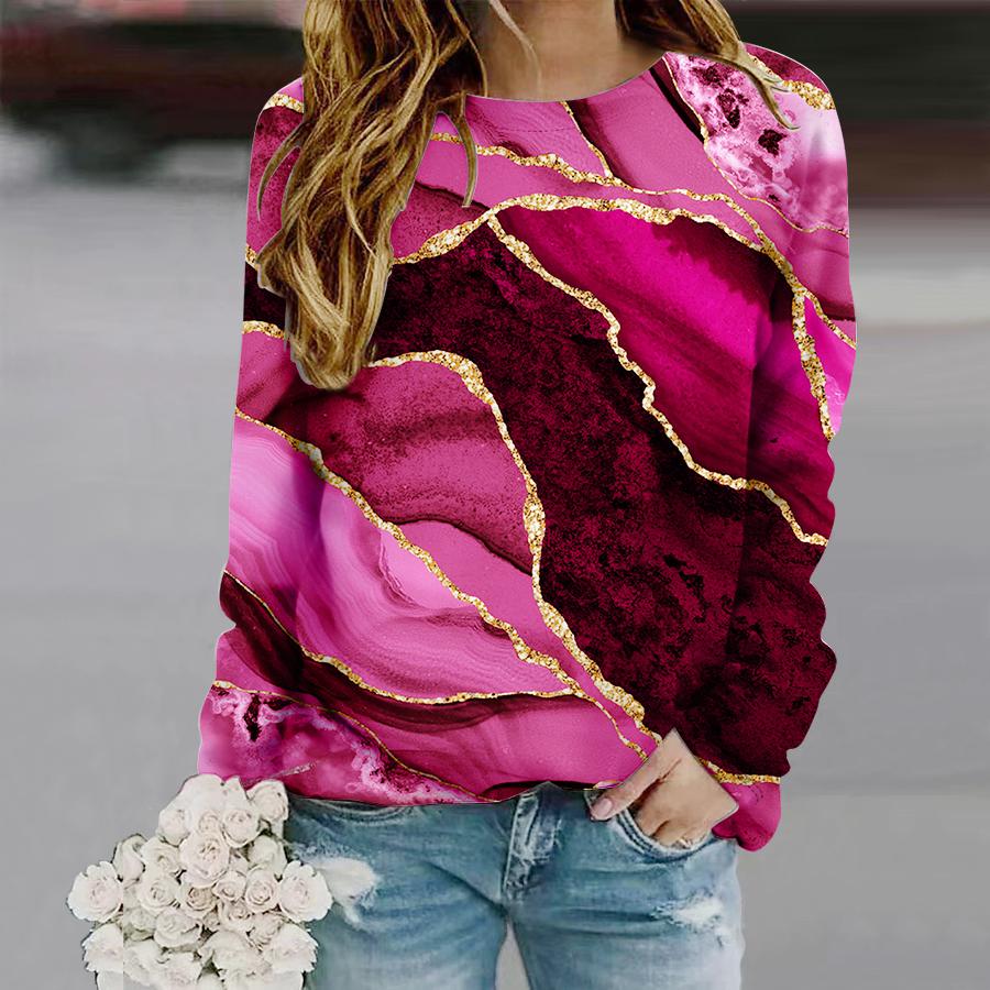 Tops For Women Oil Painting Rivers Print Round Neck Long Sleeve T-shirt Fall Casual Slim Pullover Women's Long Sleeve Top