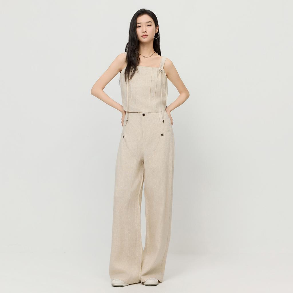 [Same as in the mall] Fashionable workwear style high waist hanging wide leg pants Spring and Autumn style simple basic linen casual pants