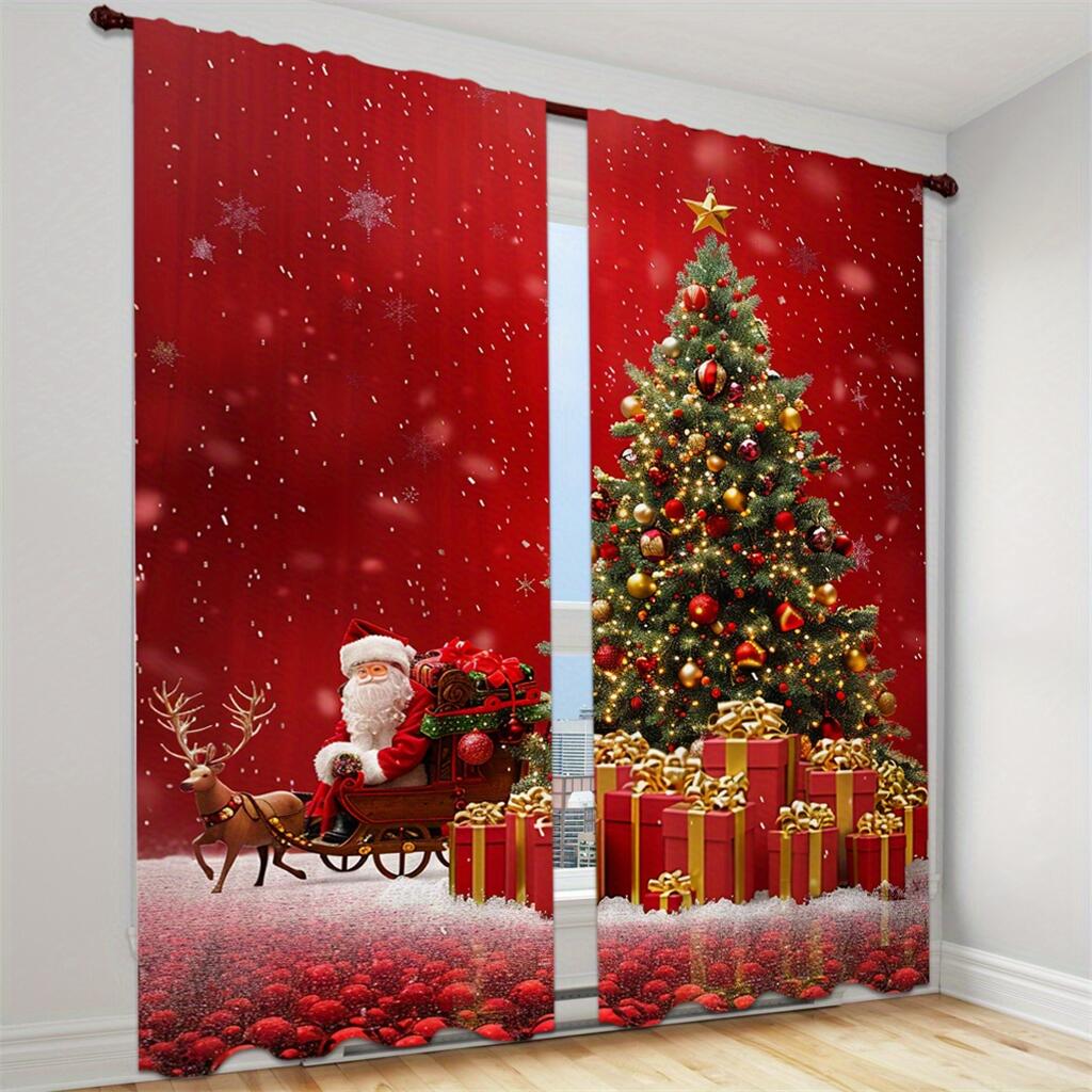 Christmas Ball Stars Decorated Curtain Red Holiday Ribbon Curtain a Set of Two, Home Living Room Bedroom Kitchen Shade Curtain