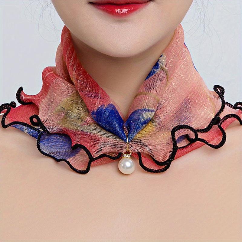 Lace Elegant Thin Neckerchief Colorful Print Mesh Scarf Faux Pearl Pendant Neck Scarf Gauze Women Accessories