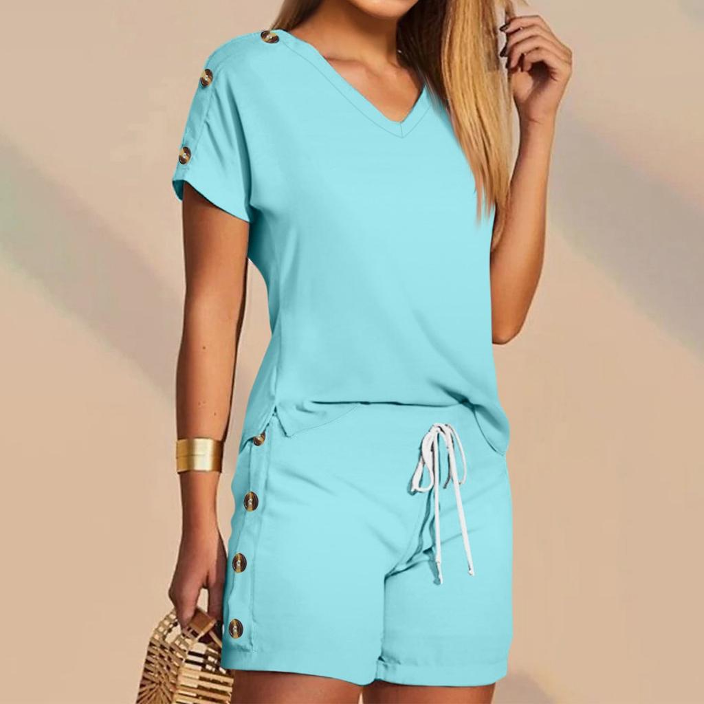 Женские футболки, футболки, шорты, комплекты с графикой, повседневные однотонные комплекты с V-образным вырезом, стандартная посадка