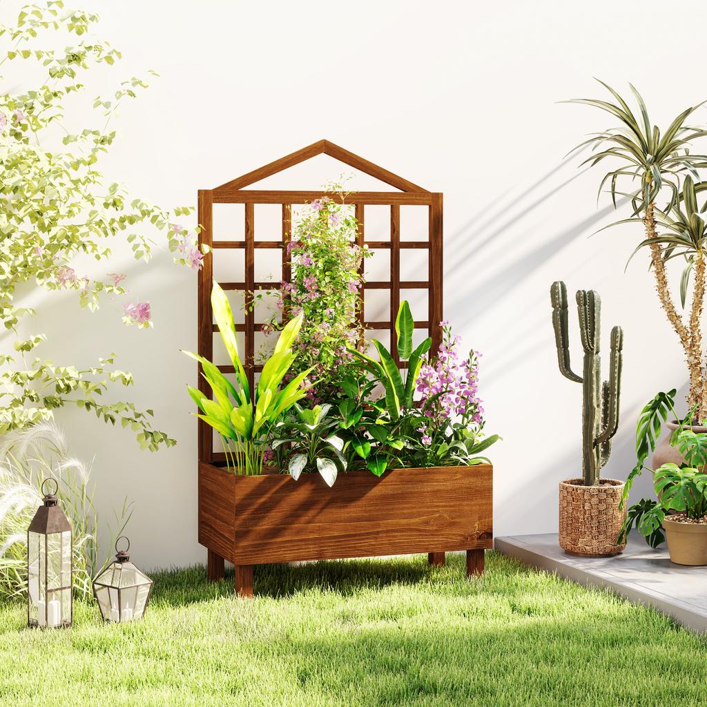 Garden Planters With Trellis For Vine Climbing Distressed Wooden Raised Beds 90x43x150cm Brown