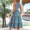 Vintage Print Halter Sleeveless Long Dress Women Spring Summer Holiday Lace Up Strap S-XL