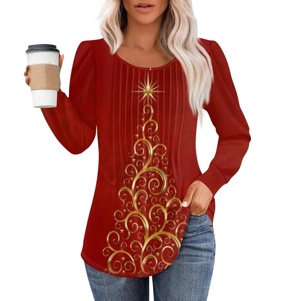 Женская модная повседневная плиссированная футболка с круглым вырезом и рождественским принтом с длинными рукавами