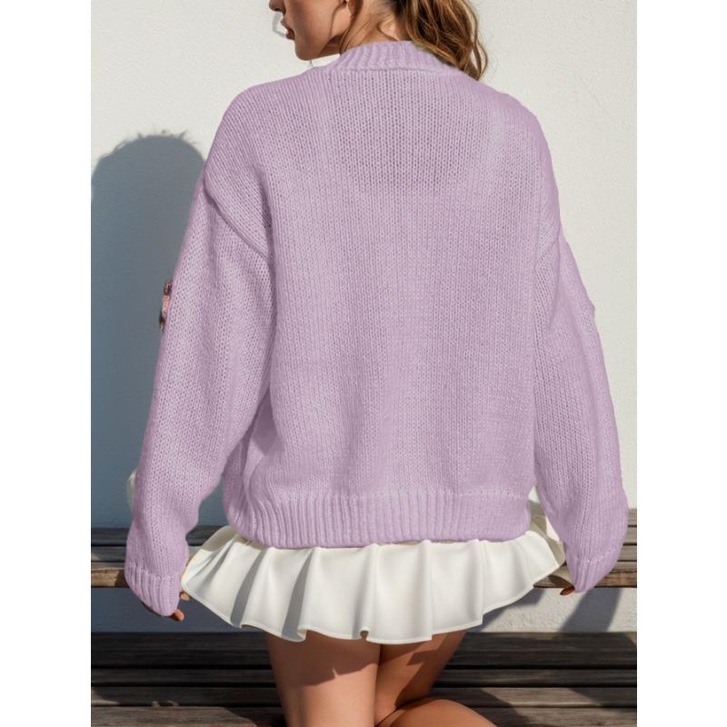 Женский осенне-зимний милый вязаный кардиган с длинным рукавом на пуговицах, свободный теплый свитер с цветочным принтом, открытое пальто спереди