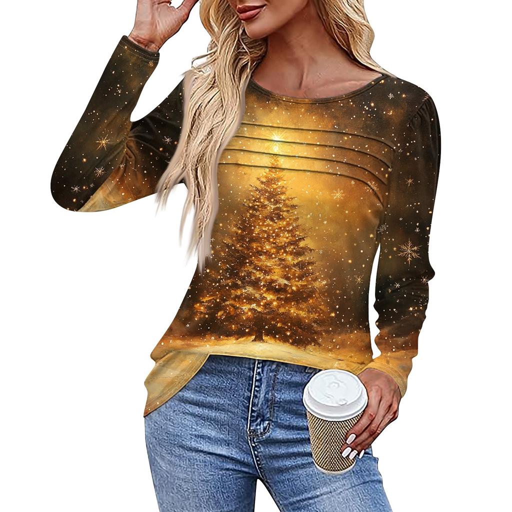 Женская повседневная модная футболка с круглым вырезом и длинными складками на Рождество