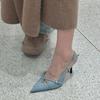 Pointed Thin Heels Denim High Heels Summer Niche Temperament New One-word Buckle with Bag Head Fashion Women's Sandals