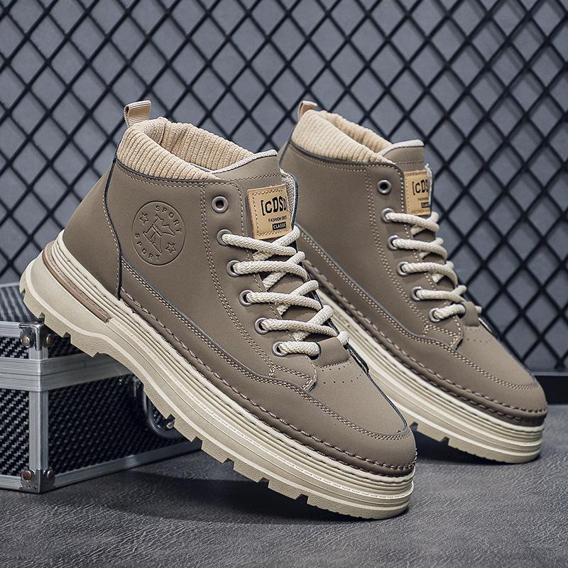 New Spring Outdoor Work Boots Men's Shoes Mid-top Short Boots British Style Leather Shoes Fashion Trendy Casual Shoes