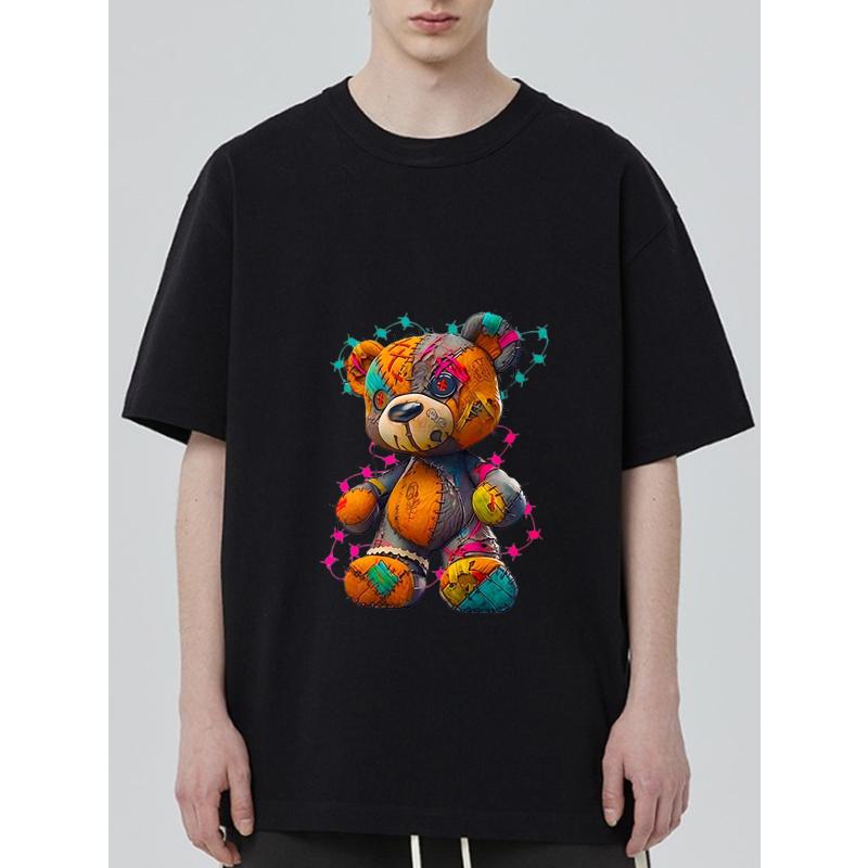 Crewneck T Shirt Black Colorful Patchwork Teddy Bear Graphic Print Casual Streetwear Fashion Unisex Top for Men and Women Daily Wear Outfit