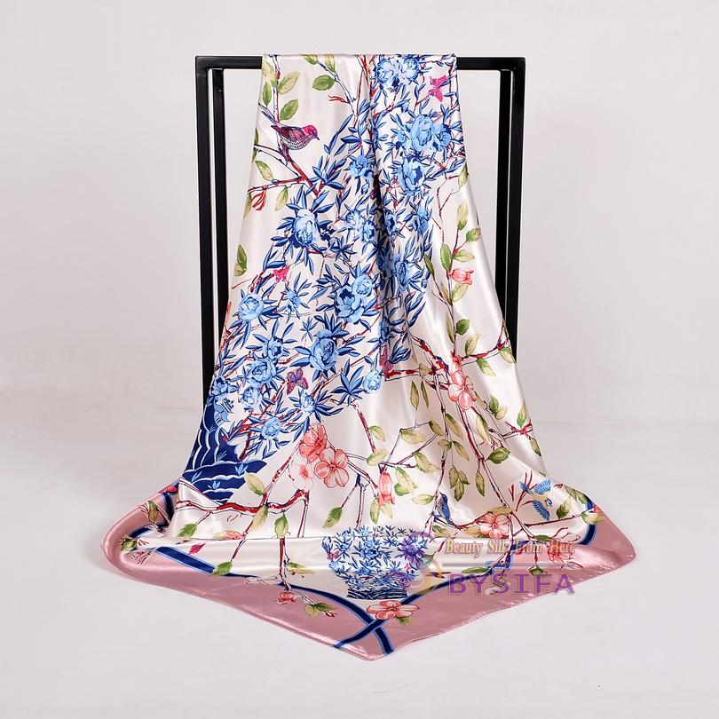 [BYSIFA] Women Rose Silk Scarf Shawl Spring Autumn Large Orange Green Square Scarves Wraps New Design Ladies Head Scarf Cape