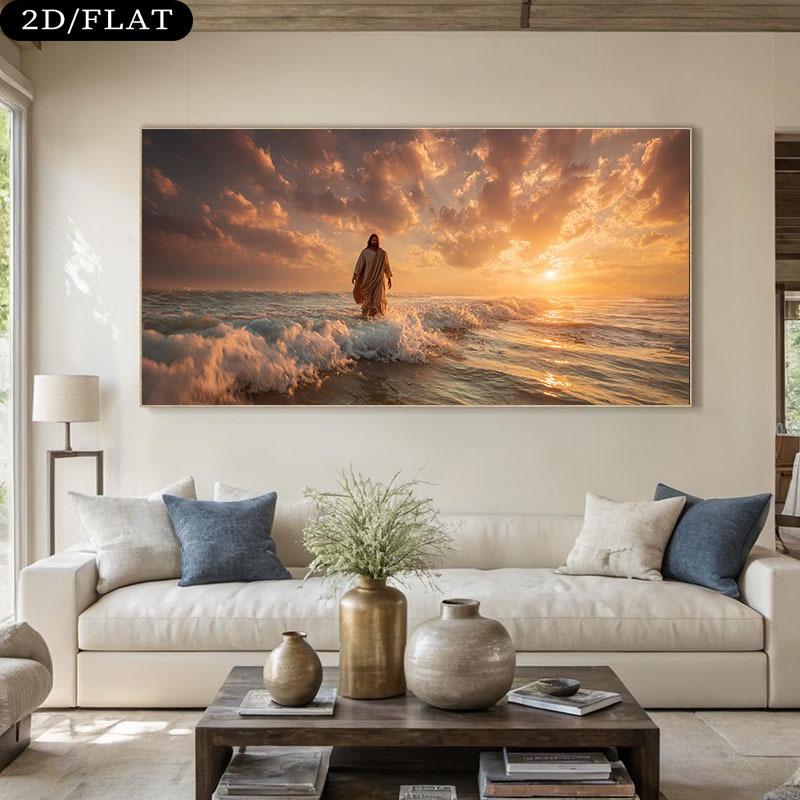 Jesus Walking on Water Canvas Poster - Minimalist Bohemian Bible Wall Art Suitable for Living Room Jesus Christ & Disciples on Calm Water