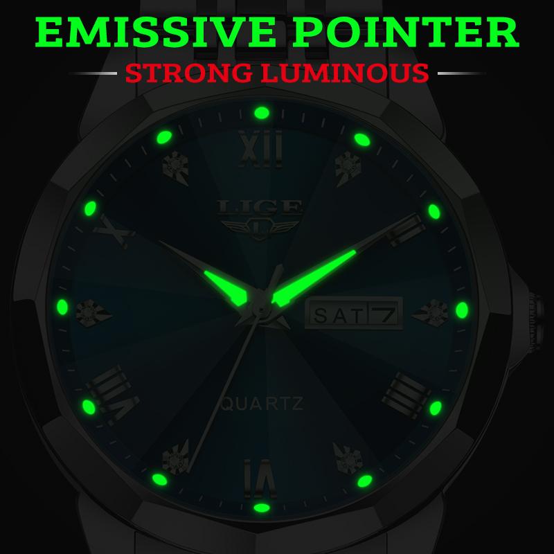 LIGE Новые мужские модные часы, роскошные деловые кварцевые часы из нержавеющей стали, водонепроницаемые часы, ночное свечение, дата, хронометр, часы