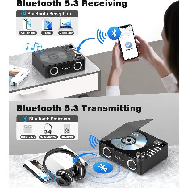 Portable CD Player With Bluetooth 5.3 4000mAh Rejected CD Player With Remote Control, FM Radio, Speakers, Supports USB, TF, AUX, Optical Input