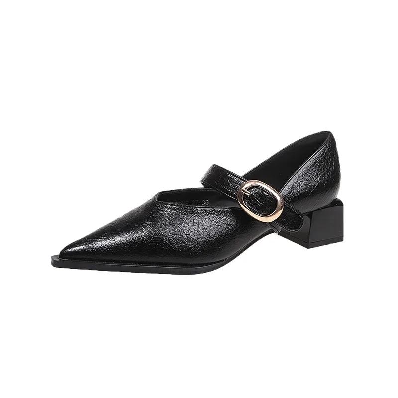 Весенние женские туфли-лодочки на каблуке, модные туфли на среднем каблуке с золотой пряжкой, женские туфли с острым носком