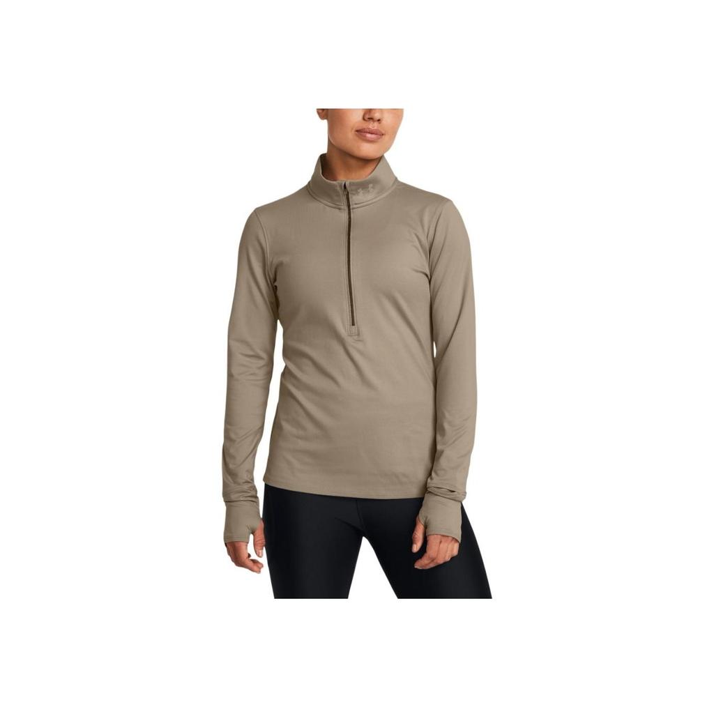 Under Armour Coldgear® Base Solid Color Casual Stand Collar 1/2 Zip Running Sports Long Sleeve T-Shirt Women Tops Buffalo Khaki 1379349-203