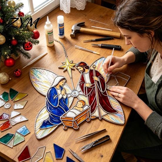 Stained Glass Suncatcher Kit Christian DIY Kit, Style Religious Sun Catcher, Iridescent Spinner Craft Hanging Ornament for Window Porch, Faith