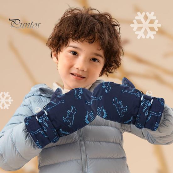 1 Pair Children Winter Mittens Thick Plush-lined Windproof Cartoon Dinosaur Cold Weather Outdoor Gloves Adjustable Fasten Strap Anti-Slip Ski Gloves