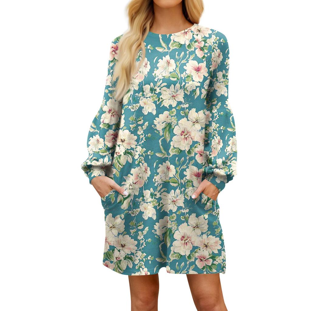 Модное женское платье трапециевидной формы с длинным рукавом. Осенний повседневный пуловер с круглым вырезом. Свободное платье с карманами.