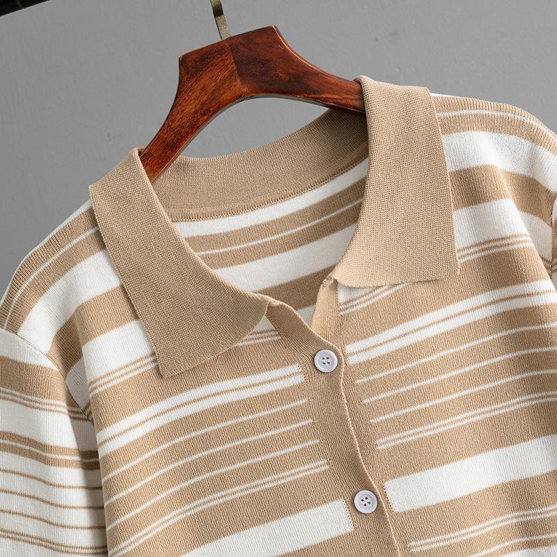 Модный вязаный комплект женский летний полосатый свободный топ с коротким рукавом и повседневные брюки, комплект из двух предметов