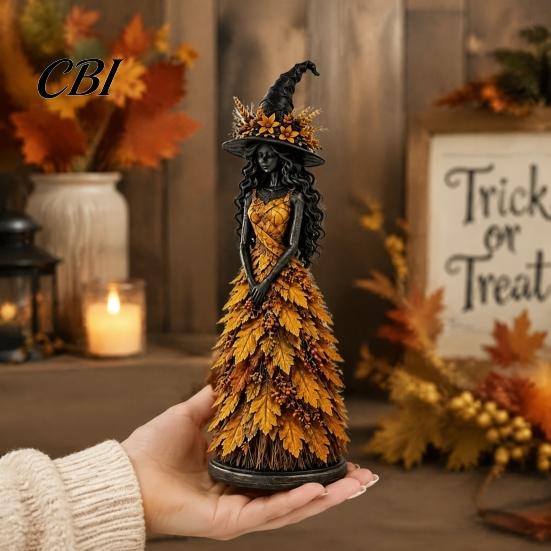 Autumn Home Decor Witch Figurine Statue, Resin Halloween Fall Tabletop Decor, Seasonal Mantle Display Shelf Ornament for Mantel Fireplace Desk Tiered