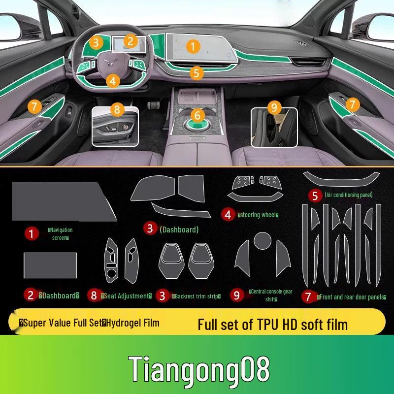 Внутренняя пленка из ТПУ для 25 моделей Hongqi Tiangong 08: Подходит для экрана приборов, рычага переключения передач, стойки B, автомобильных наклеек