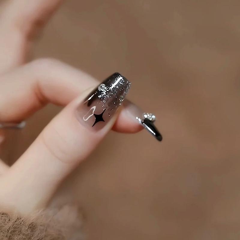 24 шт. накладных ногтей, носимых черным бантом, бриллиантовой цепочкой, флэш-пудрой, балетные ногти, готовые съемные и многоразовые накладки для ногтей