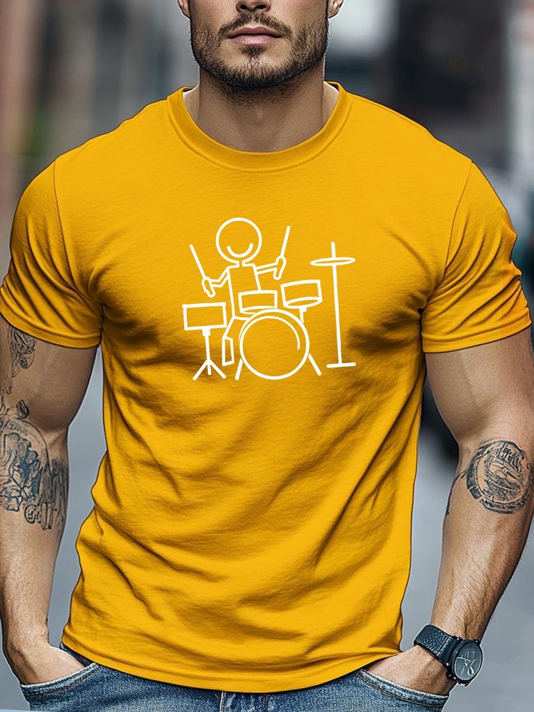 Unisex Khaki Crew Neck Tee Minimal Stick Figure Drummer Drum Kit White Line Graphic Soft Short Sleeve Rock Music Fan Loose Male Top