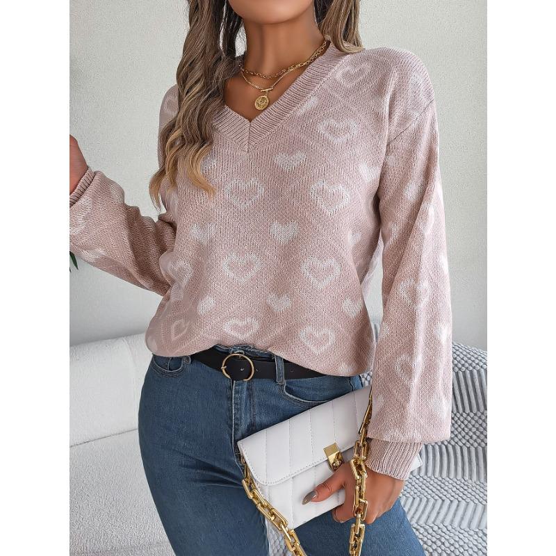 Women's Autumn and Winter Sweet Color Collision Love Lantern Sleeve Pullover Sweater