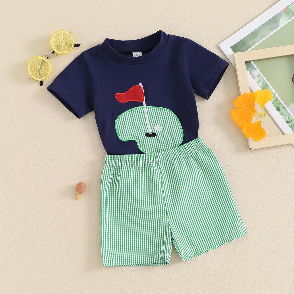 Toddler Boys Summer Outfits Golf Embroidered Round Neck Short Sleeve Tops and Elastic Waist Plaid Shorts 2Pcs Clothes Set