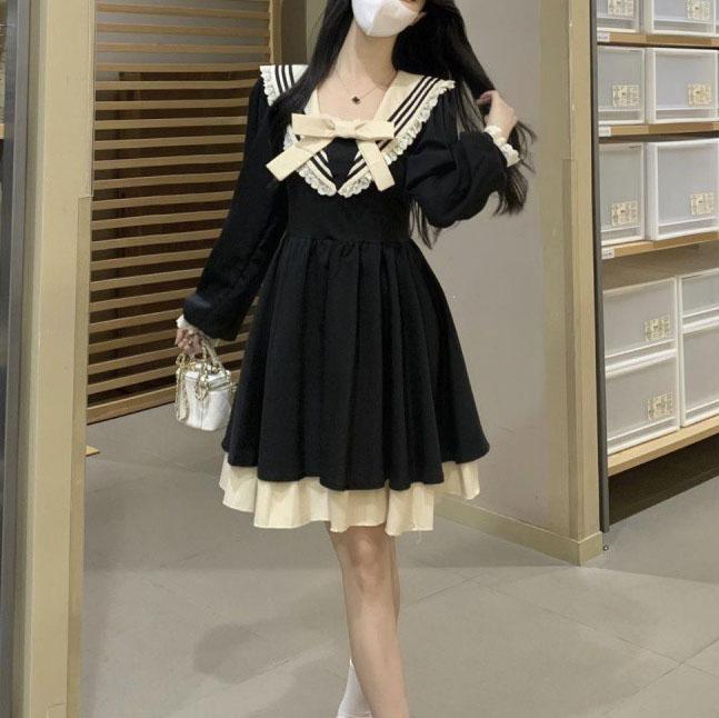 Платье с длинным рукавом и воротником темно-синего цвета, осеннее женское пышное платье, черная юбка