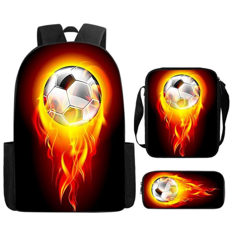 Kids Football Print Backpack Set Elementary School 3-Piece Shoulder Bag Pencil Case Crossbody