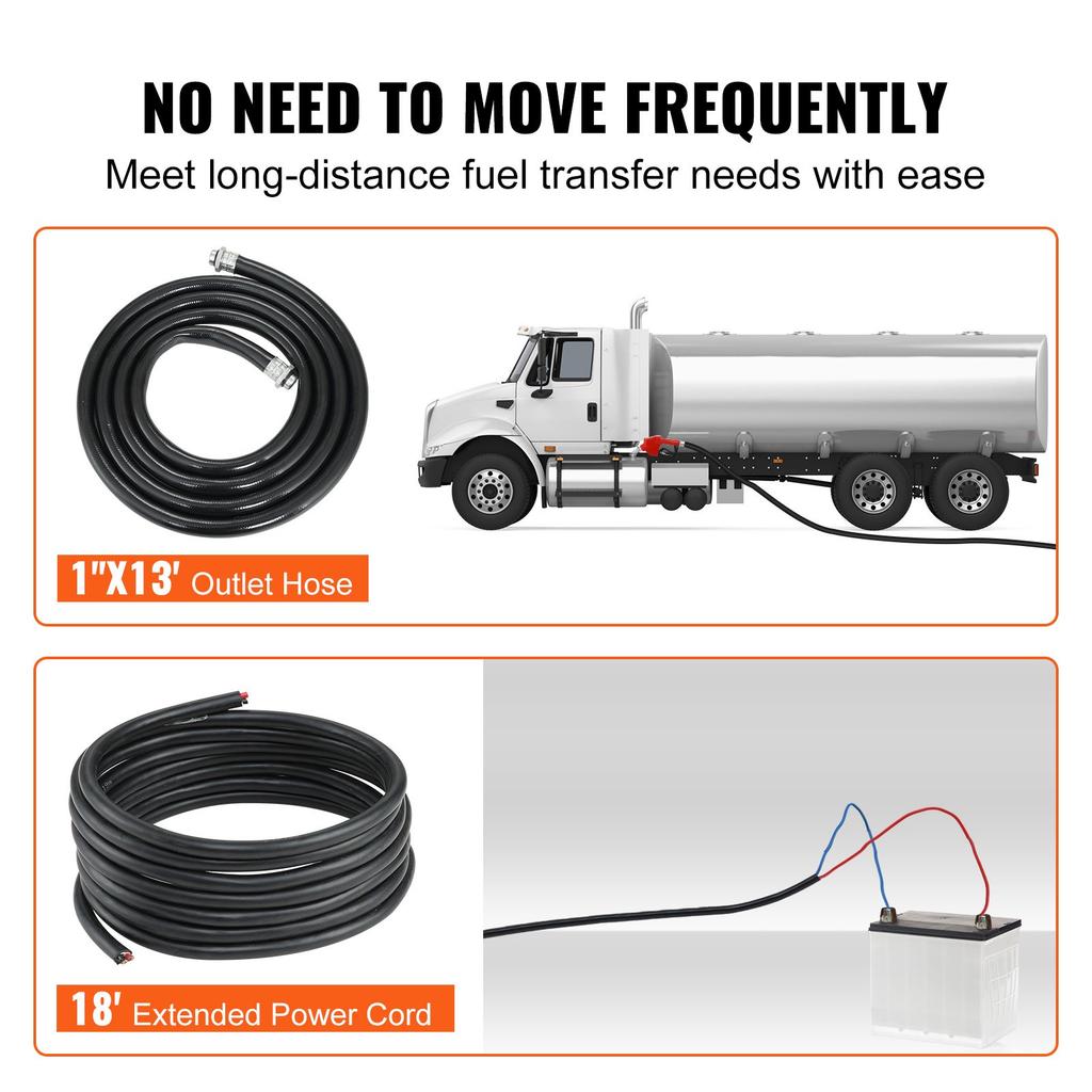 VEVOR Fuel Transfer Pump, 12V DC 20 GPM 1/4 HP, Gasoline Extractor Pump with Automatic Nozzle, Discharge Hose & Suction Pipe for Gasoline, Diesel