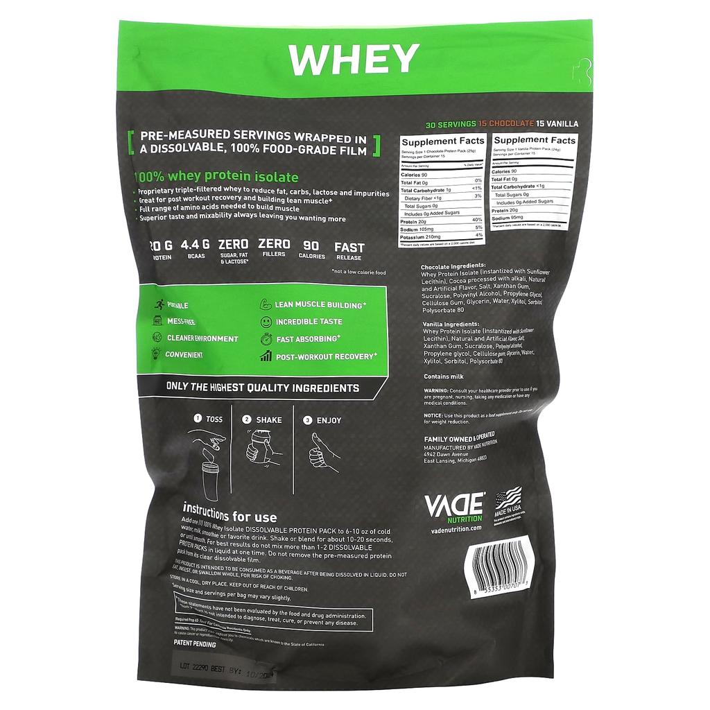 Vade Nutrition, Soluble Protein Pack, 100% Whey Isolate, Chocolate & Vanilla, 1.6 lb (735 g)