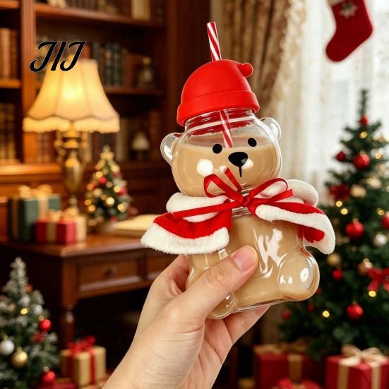 Decorative Glassware for Home Decor 20oz Bear Straw Cup, Cute Bears Glass Cup with Straw, Reusable Novelty Gift Christmas And Halloween Tumbler